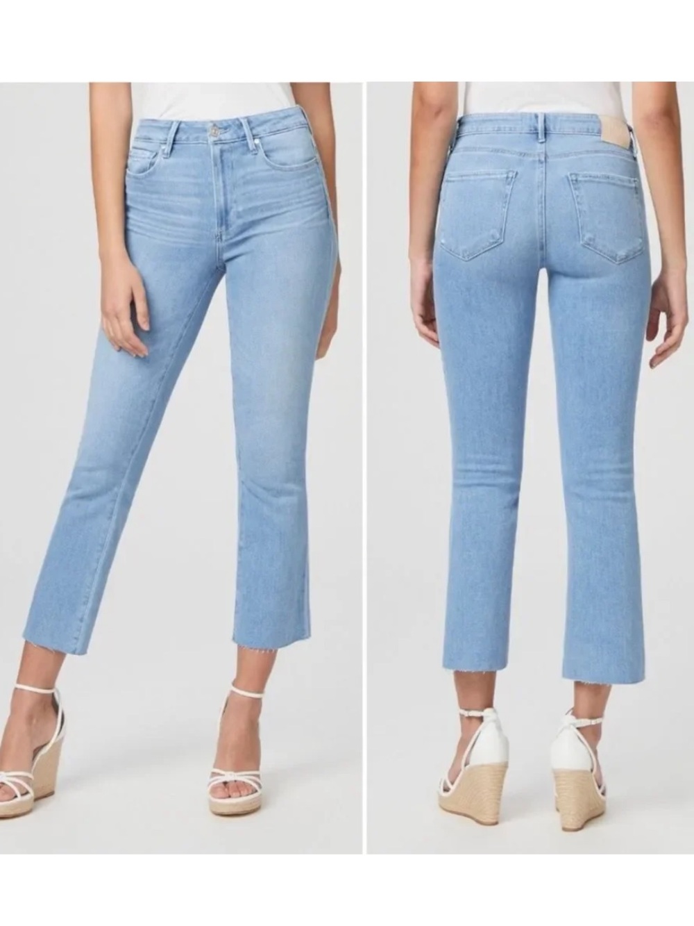 Paige Colette Crop Flare Raw Hem Jeans Sky Touch Distressed